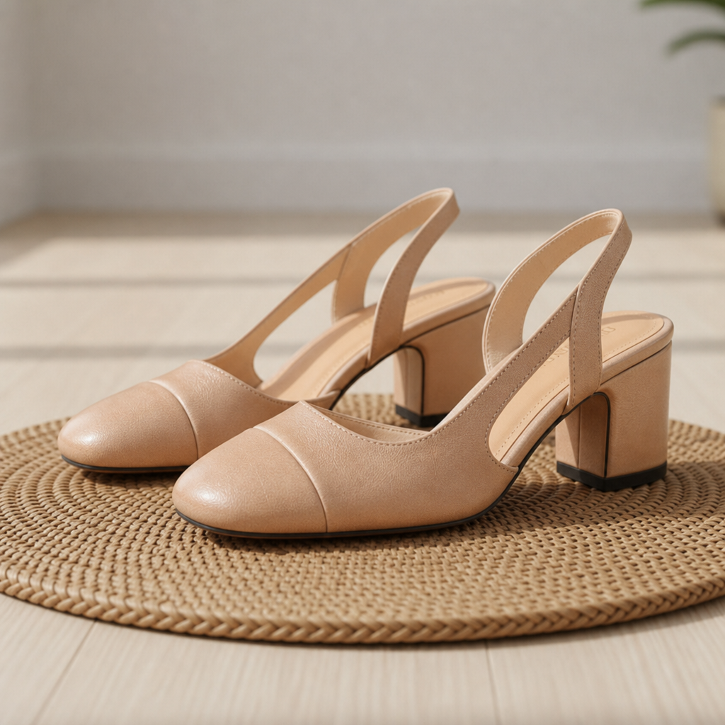 Nimes Leather Slingback Block Heels in Apricot