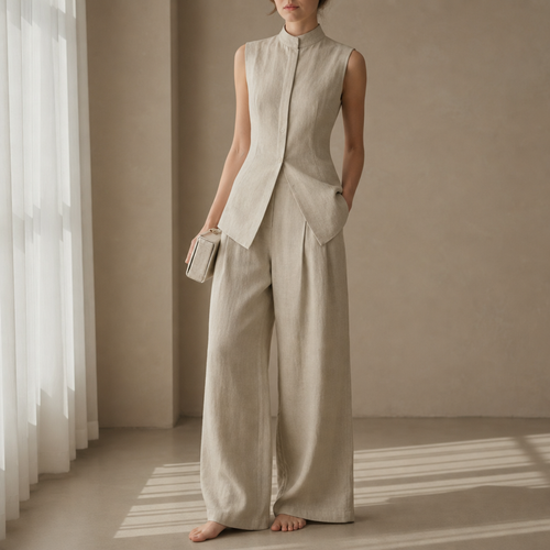 Altea Linen Mock-Neck Pant Set in Beige