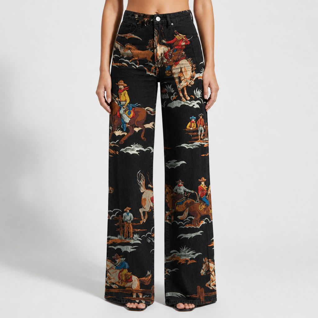 Sete Western Print Wide-Leg Pants in Black