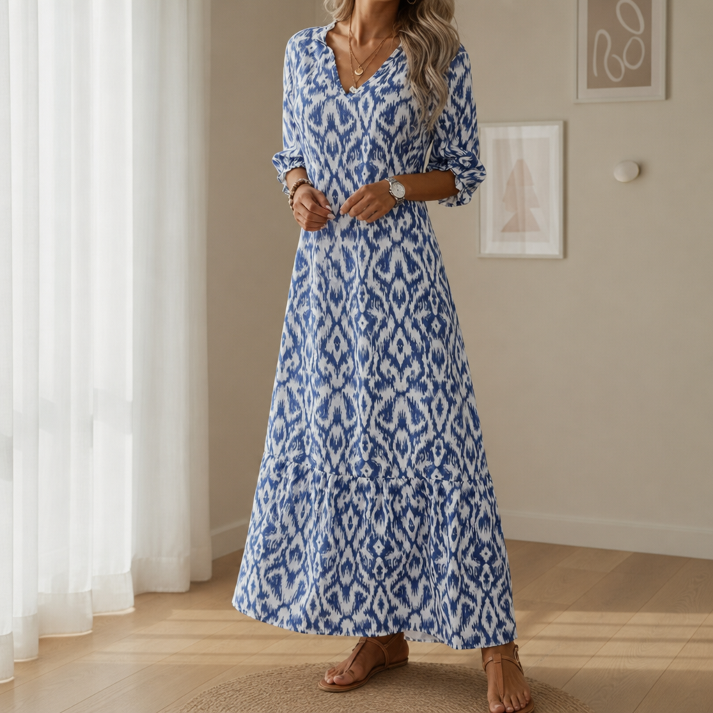 Kea Ikat Print Maxi Dress in Blue