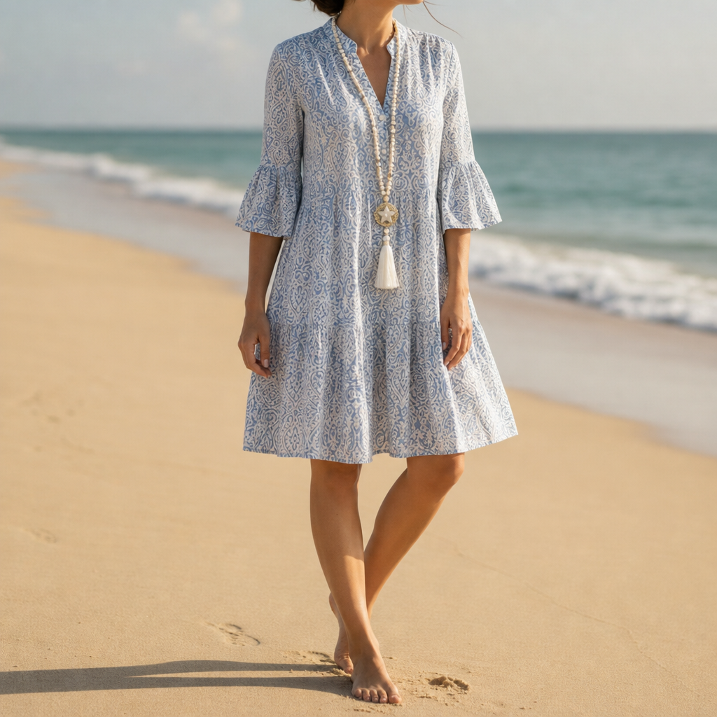 Roquebrune Paisley Print Bell-Sleeve Dress in Blue