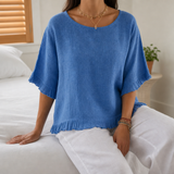 Jerez Ruffle Hem Linen Blouse in Blue