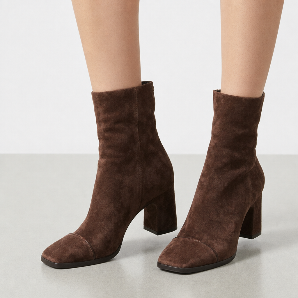 Poros Suede Block-Heel Boots in Brown