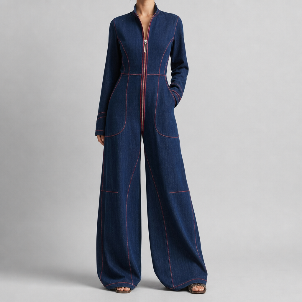 Makarska Wide Leg Zip Jumpsuit in Dark Denim Blue