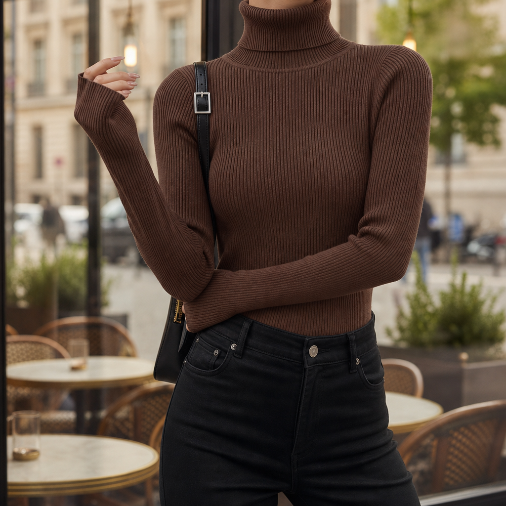 Paxos Ribbed Turtleneck Sweater in Dark Brown