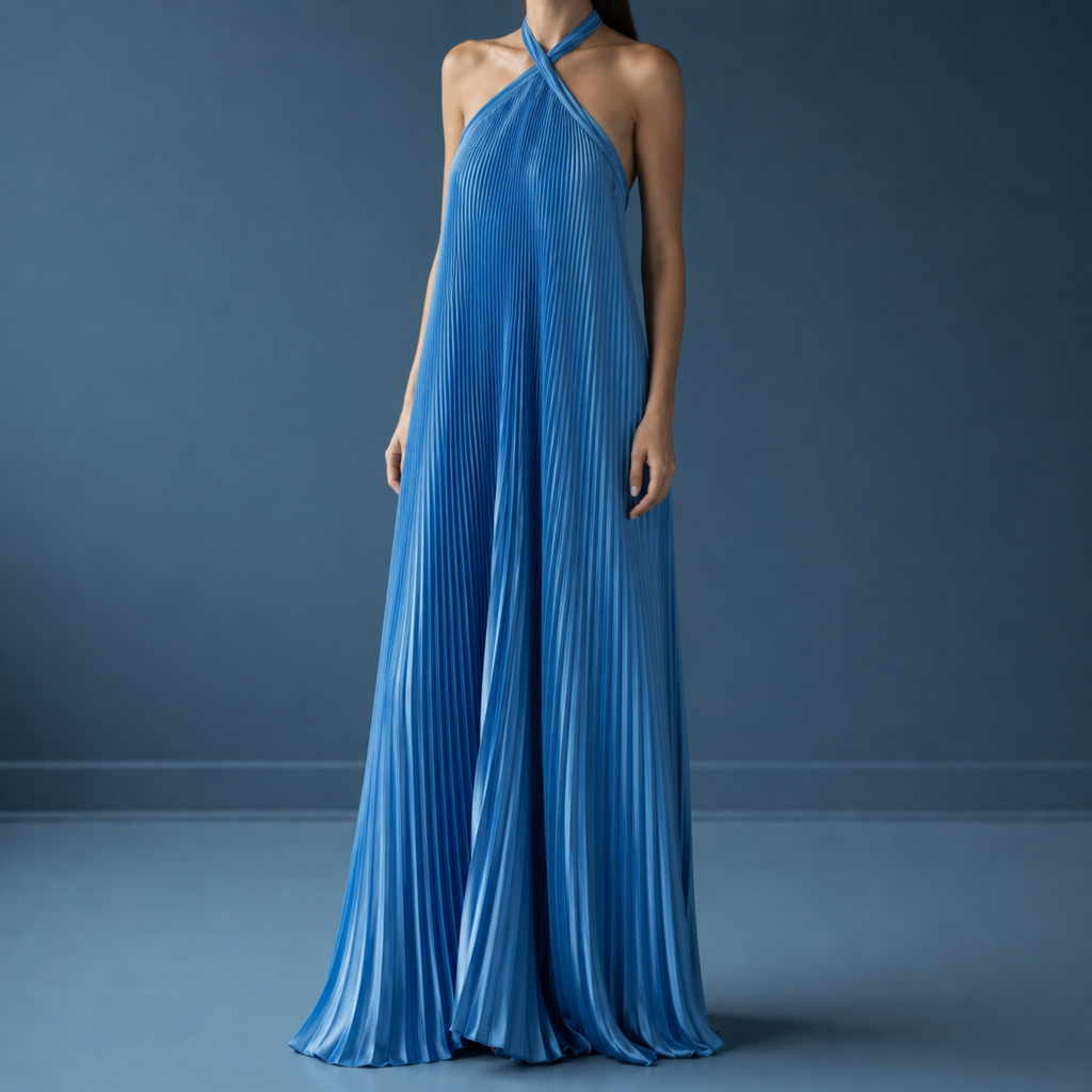 Cartagena Pleated Halter Maxi Dress in Royal Blue