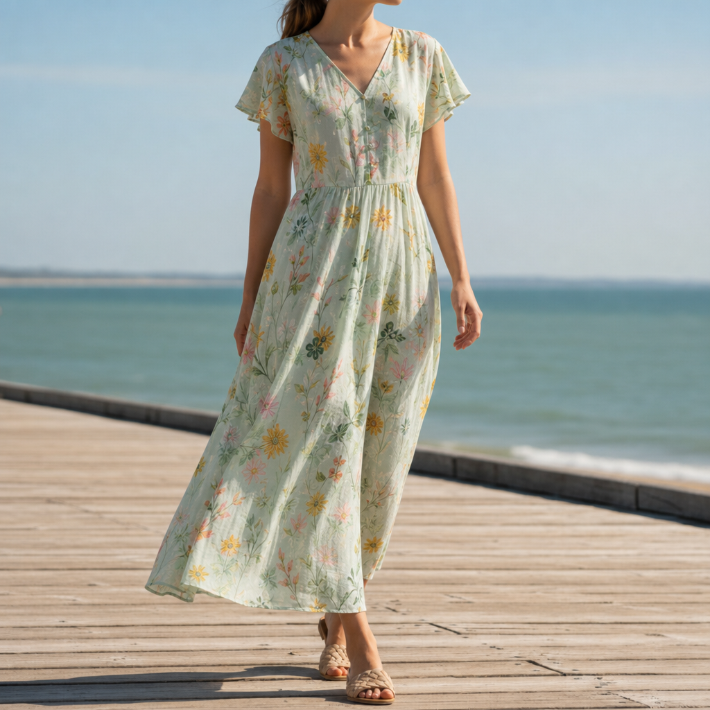 Aix Floral Flutter Sleeve Maxi in Sage Green Floral