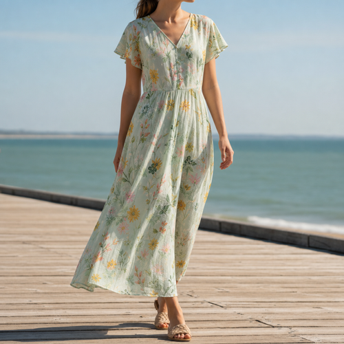 Aix Floral Flutter Sleeve Maxi in Sage Green Floral