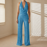 Sorrento Sequin Halter Wide-Leg Jumpsuit in Light Blue