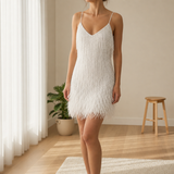 Baeza Fringe Feather Mini Dress in White