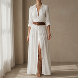 Begur Belted Button-Front Maxi Dress in White