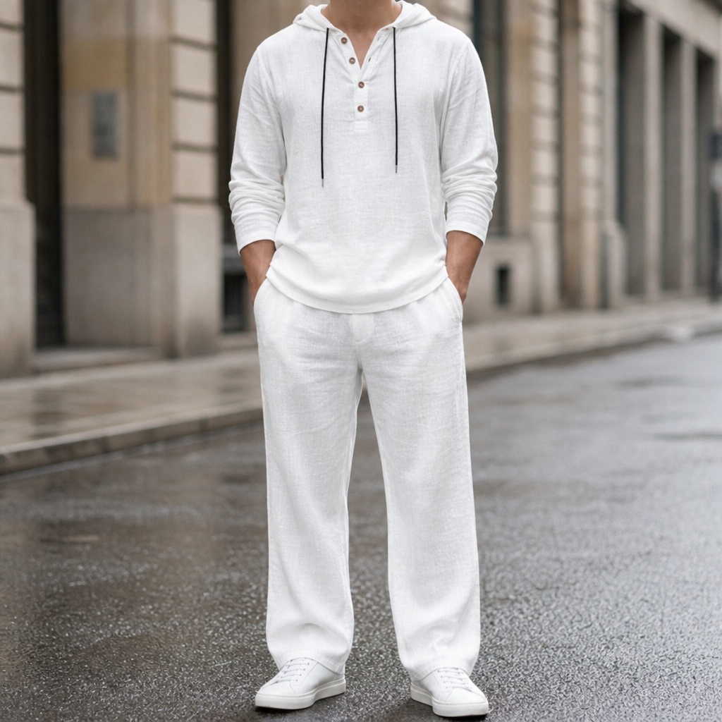 Patmos Hooded Henley Linen Set in White
