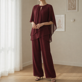 Matera Chiffon Layered Pants Set in Wine Red