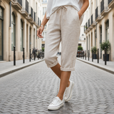 Tarifa Linen Drawstring Bermuda Shorts in Beige