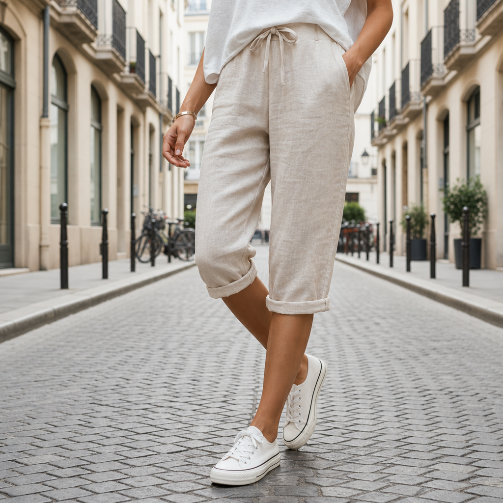 Tarifa Linen Drawstring Bermuda Shorts in Beige