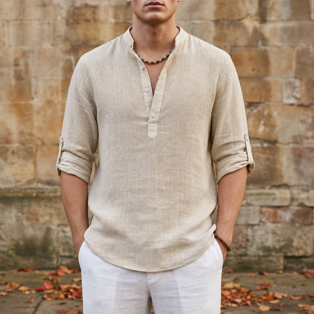 Malaga Linen Henley Shirt in Beige