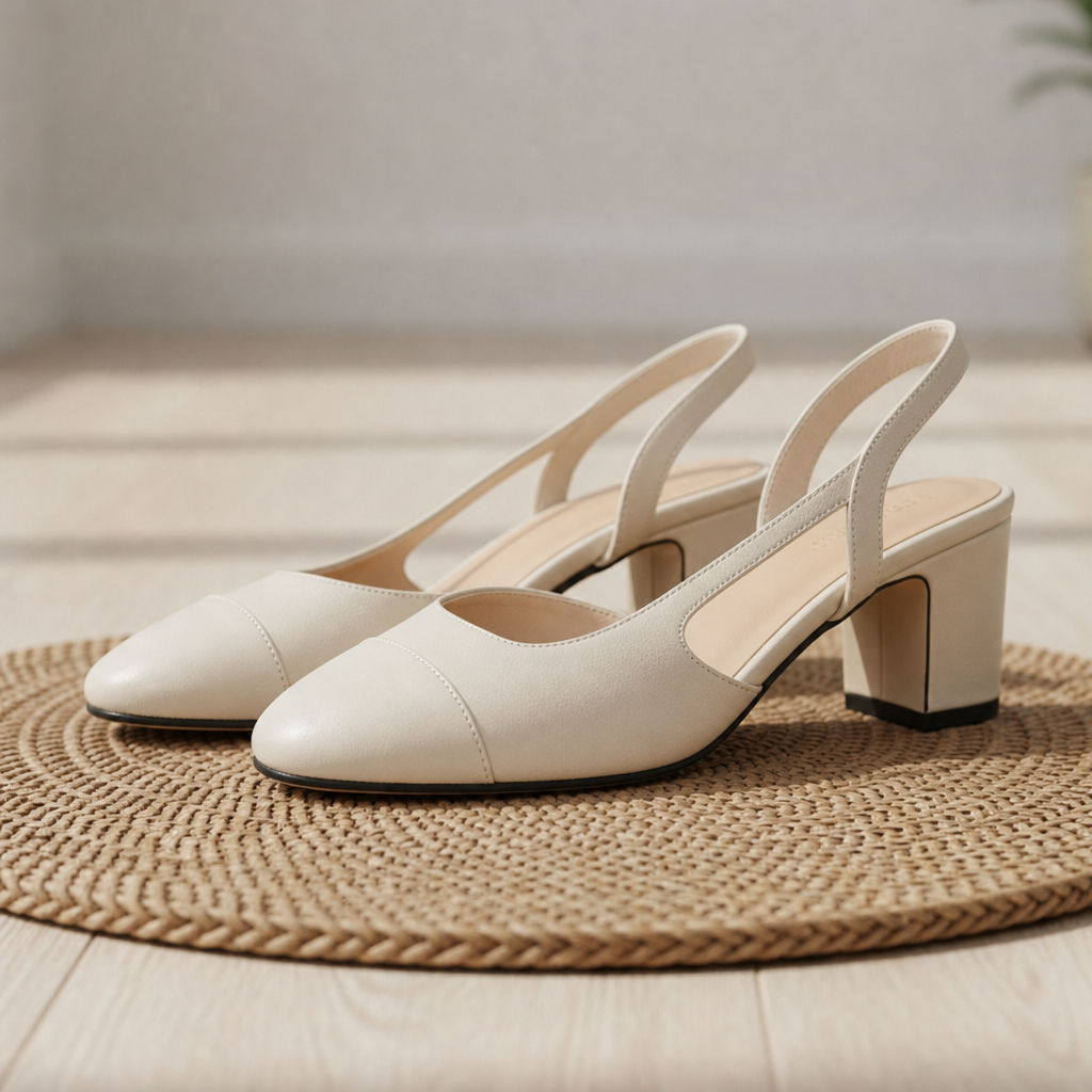 Nimes Leather Slingback Block Heels in Beige