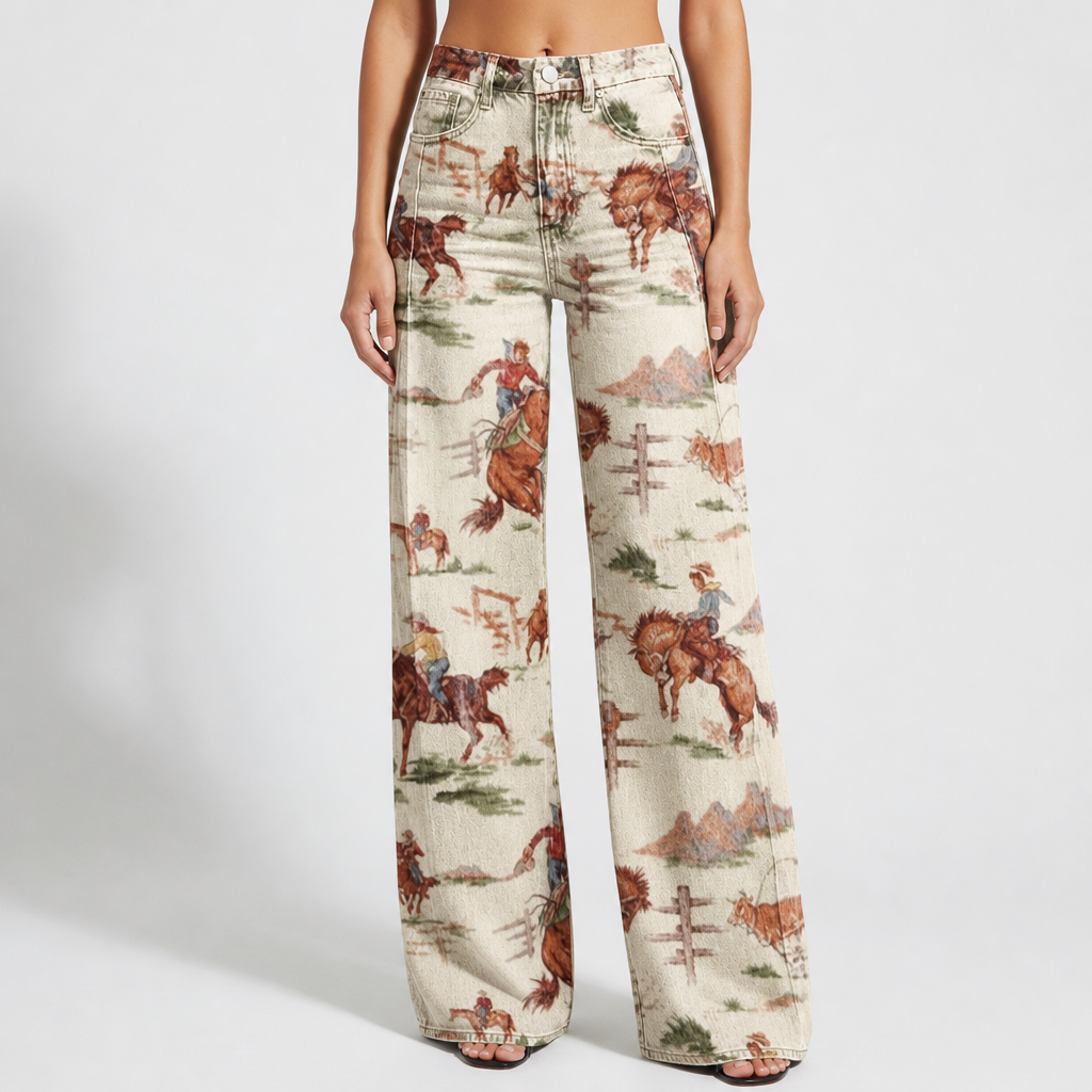 Sete Western Print Wide-Leg Pants in Beige
