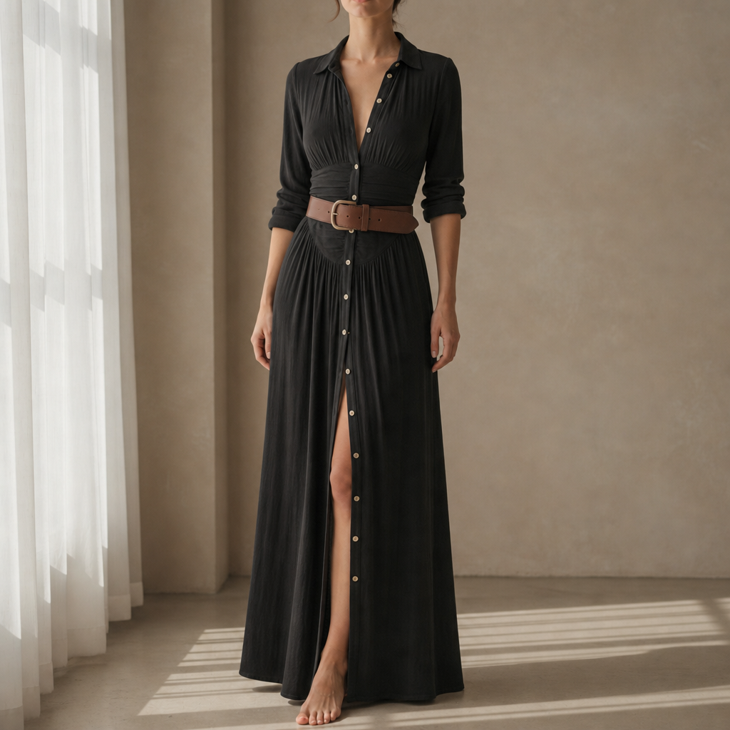 Begur Belted Button-Front Maxi Dress in Black