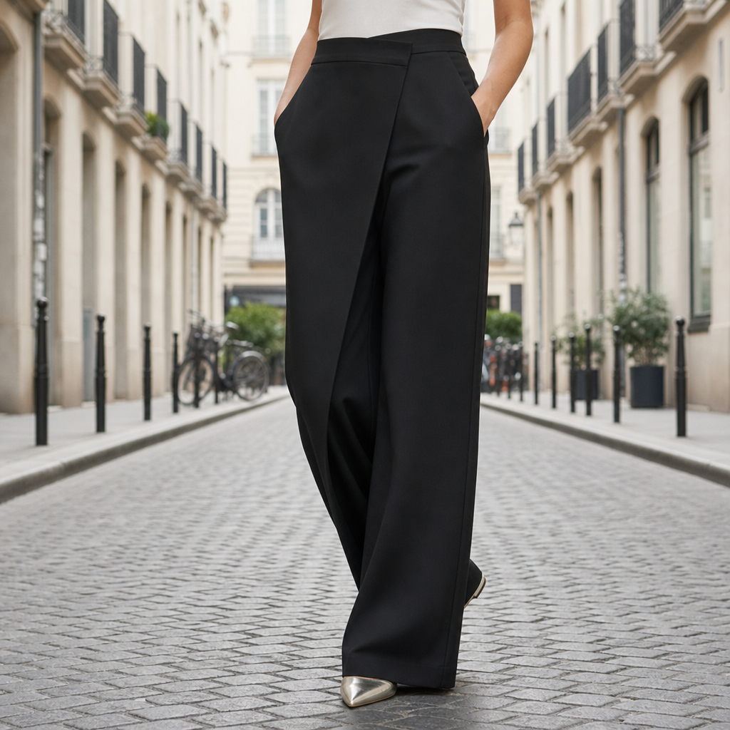 Bellagio Asymmetric Wrap Wide-Leg Pants in Black