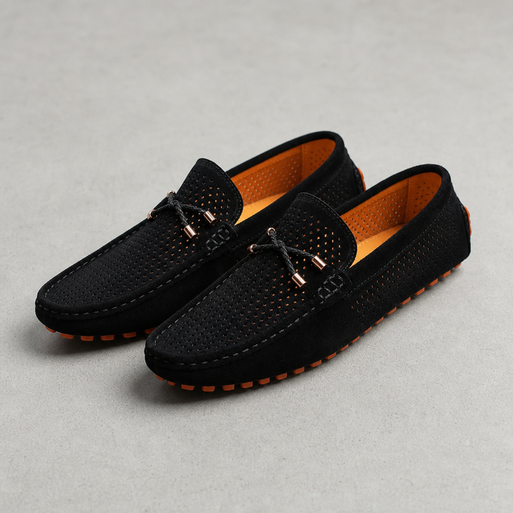 Anzio Perforated Suede Loafers in Black