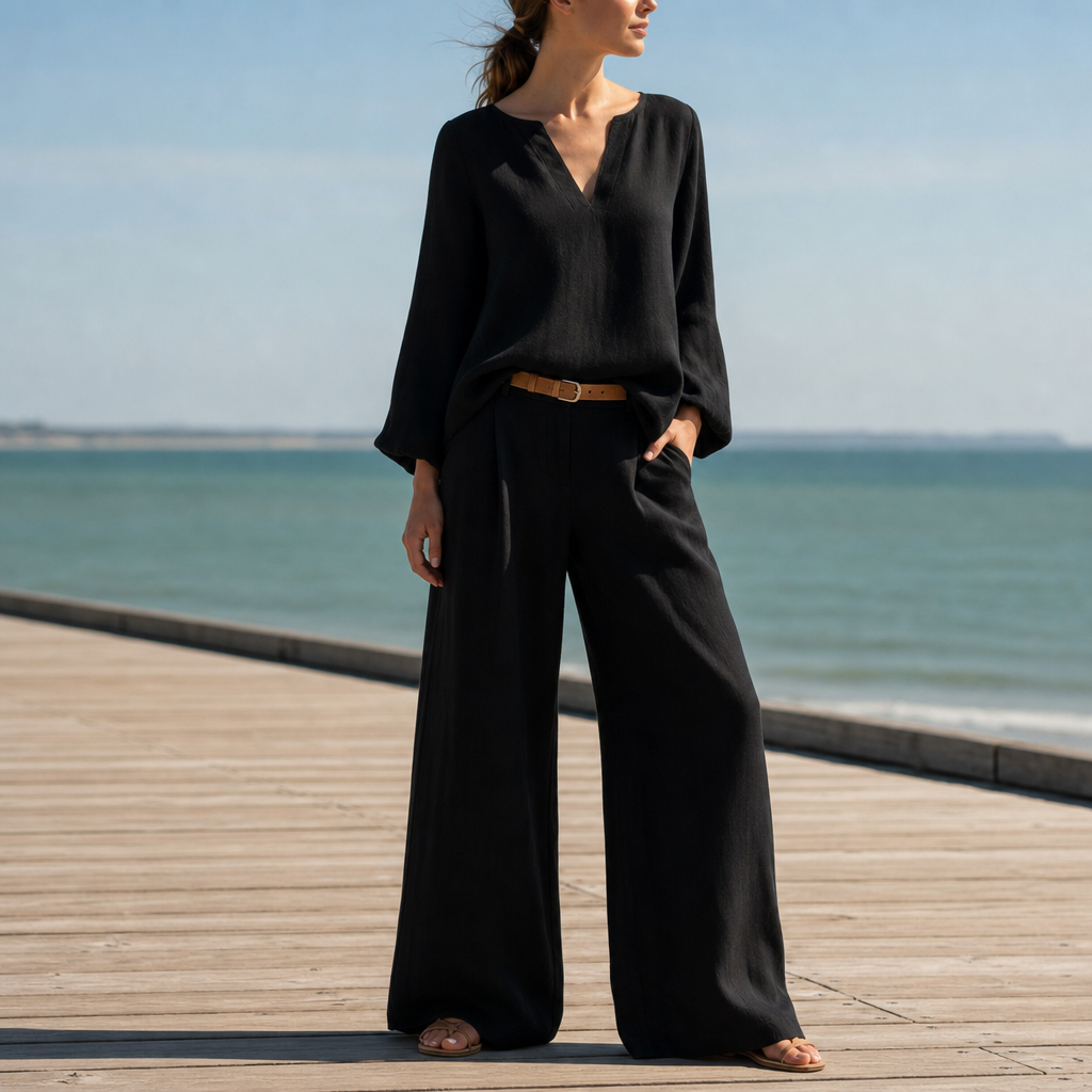 Lerici Linen Wide Leg Set in Black