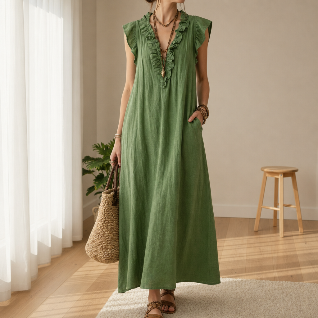 Comporta Ruffle V-Neck Maxi Dress in Sage Green