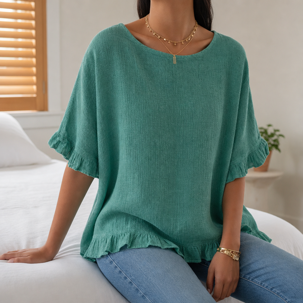 Jerez Ruffle Hem Linen Blouse in Green