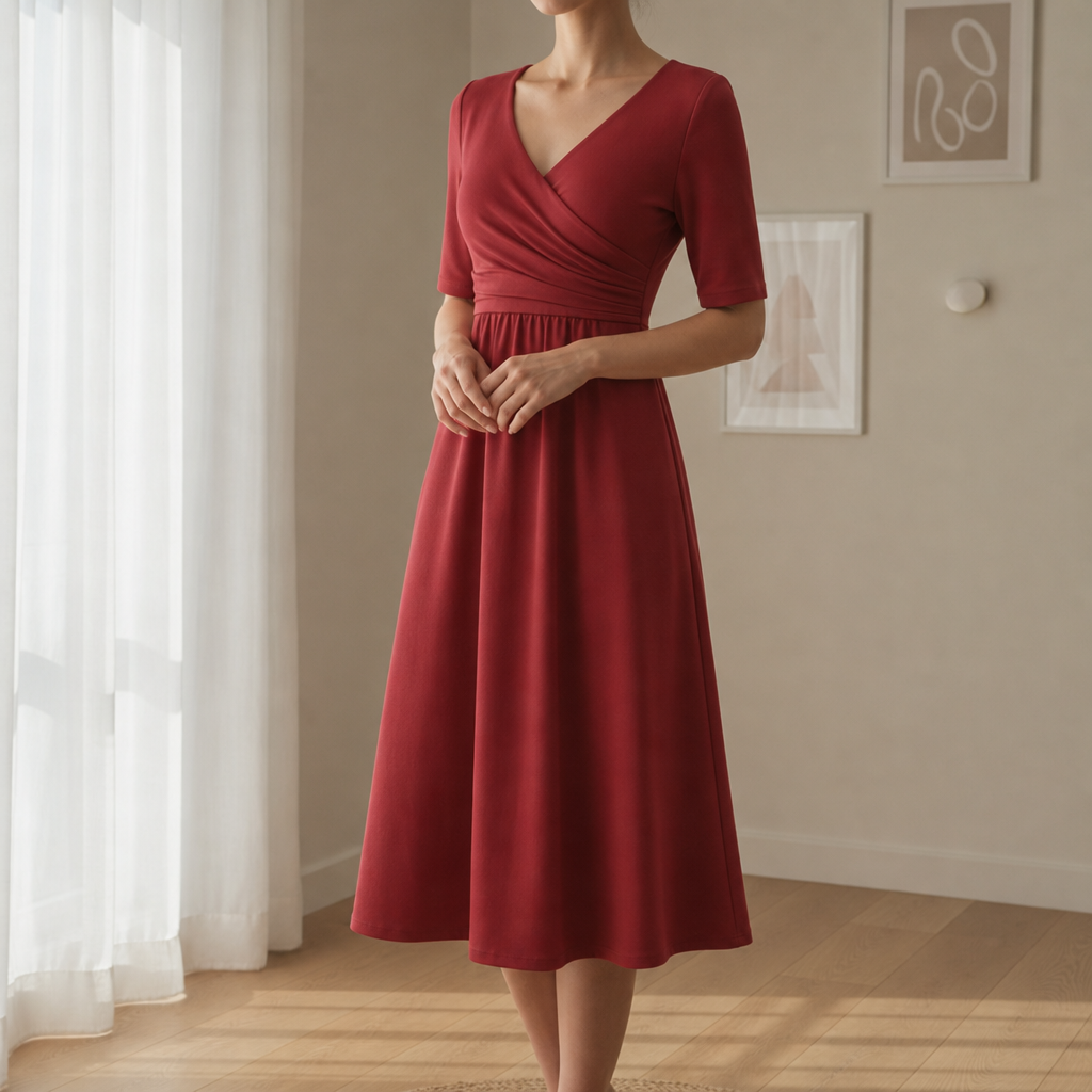 Rapallo Crossover Bodice Midi Dress in Red