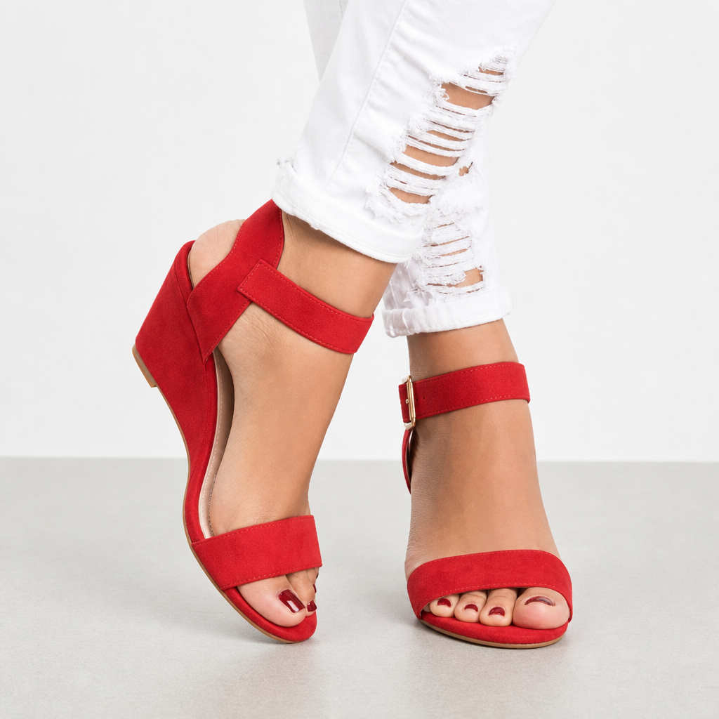 Thassos Wedge Ankle Strap Sandals in Red