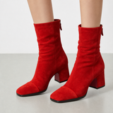 Poros Suede Block-Heel Boots in Red