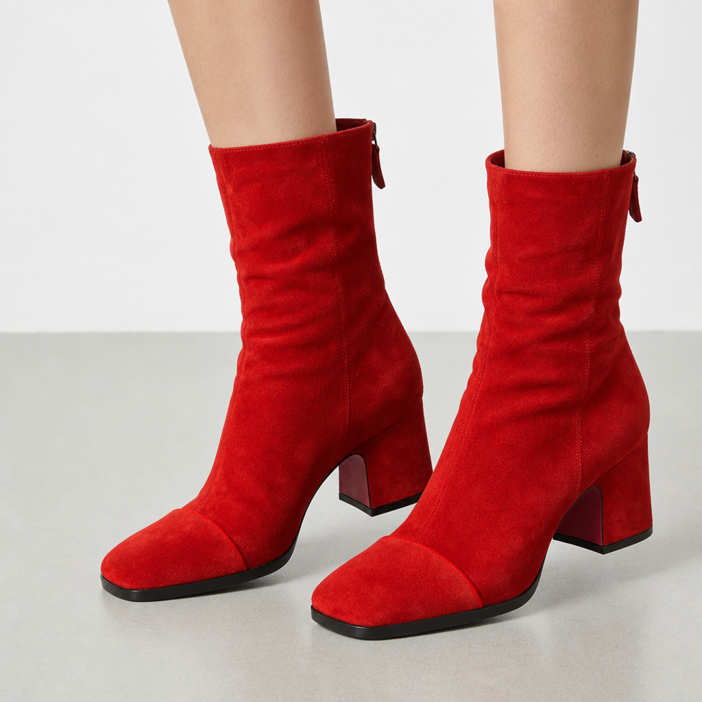 Poros Suede Block-Heel Boots in Red