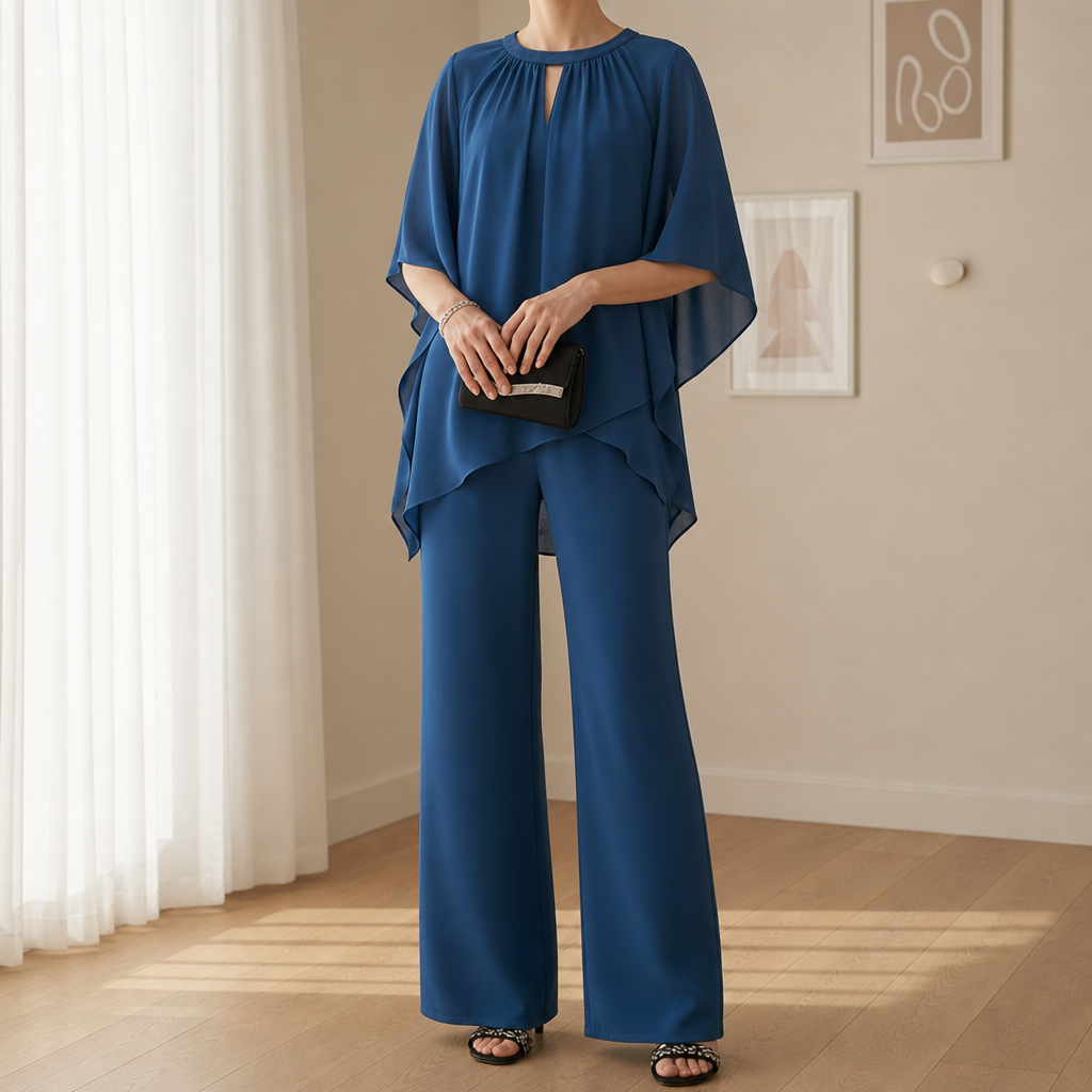 Matera Chiffon Layered Pants Set in Sapphire Blue