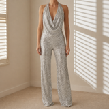Sorrento Sequin Halter Wide-Leg Jumpsuit in Silver