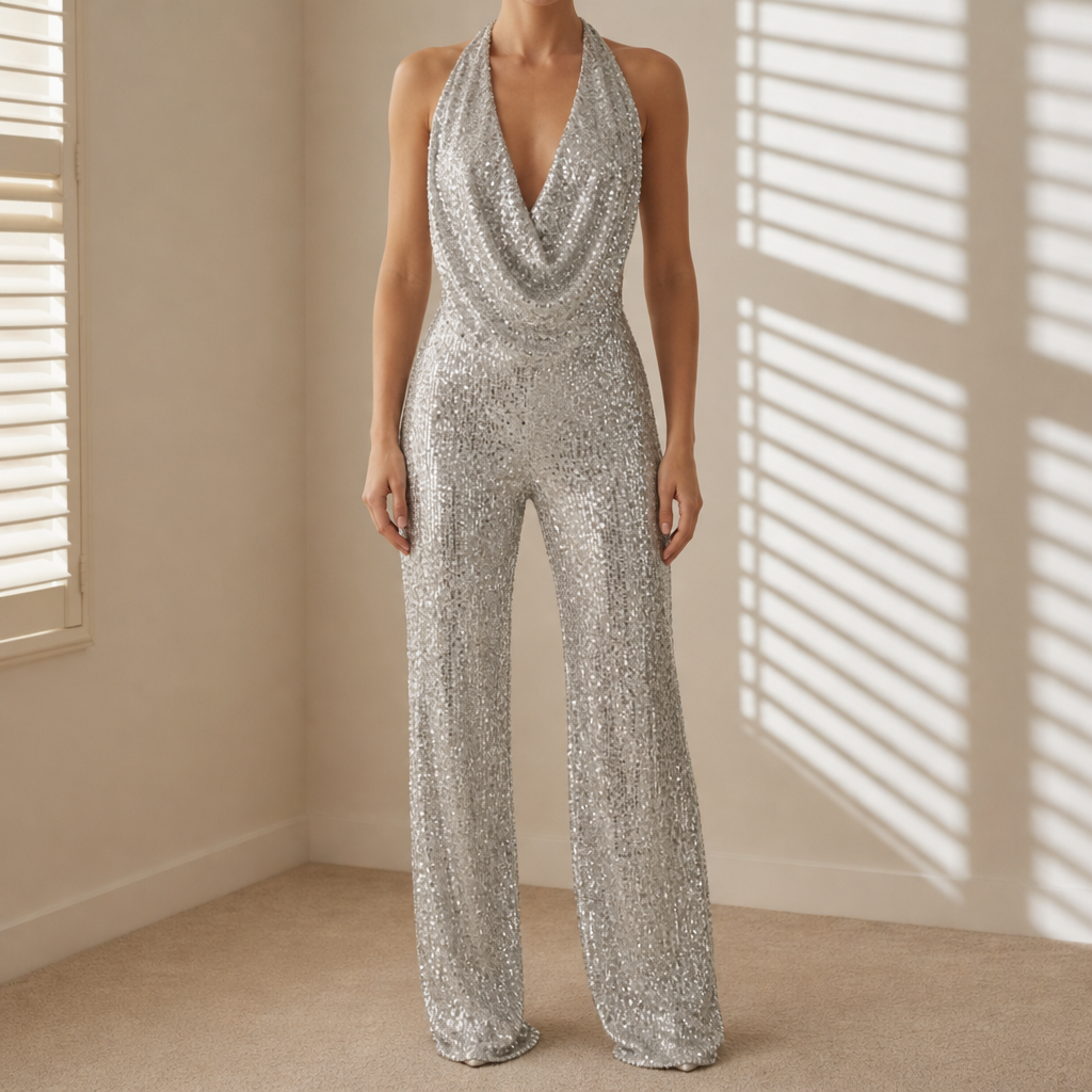 Sorrento Sequin Halter Wide-Leg Jumpsuit in Silver