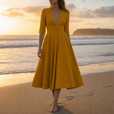 Ceret Deep V-Neck Midi Dress in Mustard Yellow