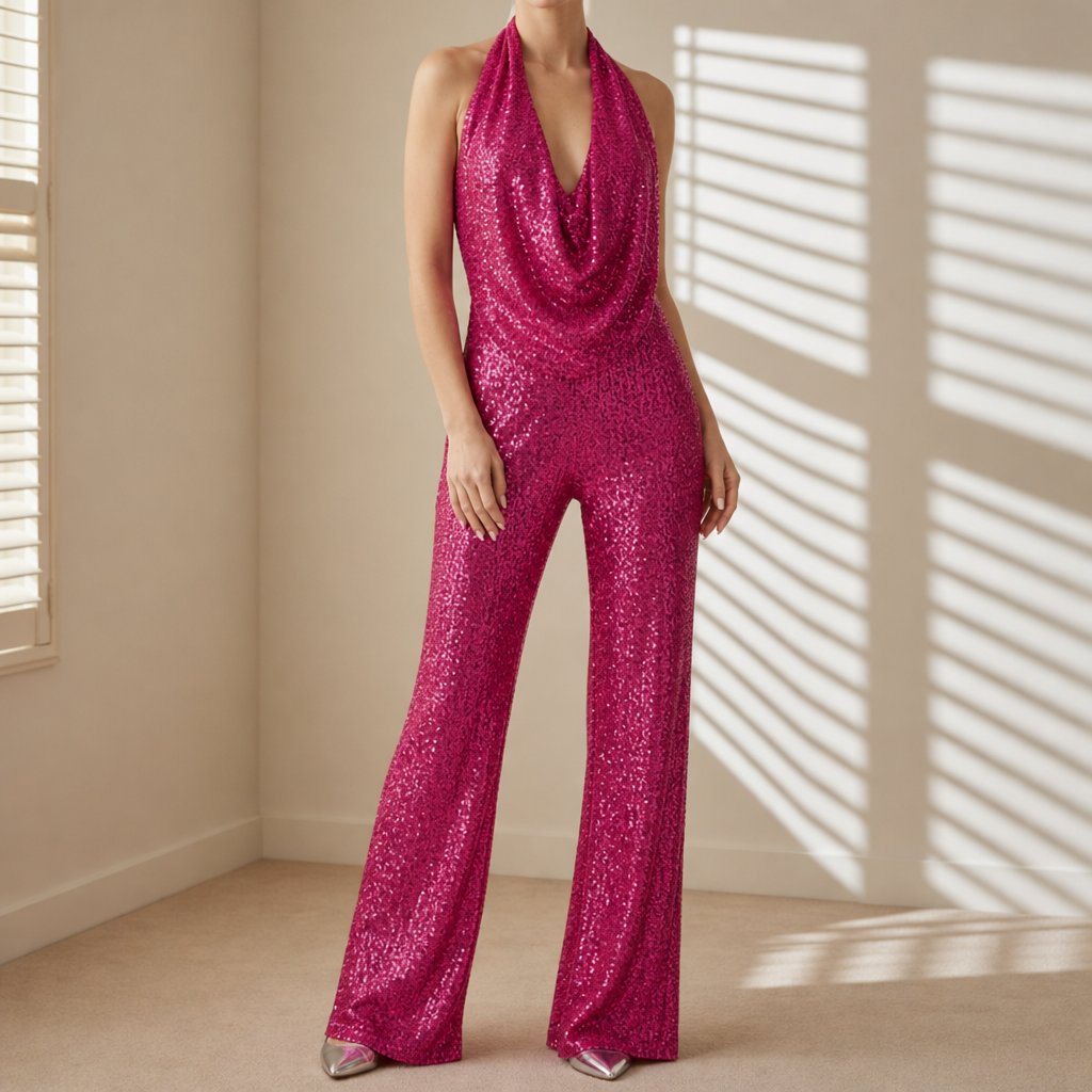 Sorrento Sequin Halter Wide-Leg Jumpsuit in Fuchsia Pink
