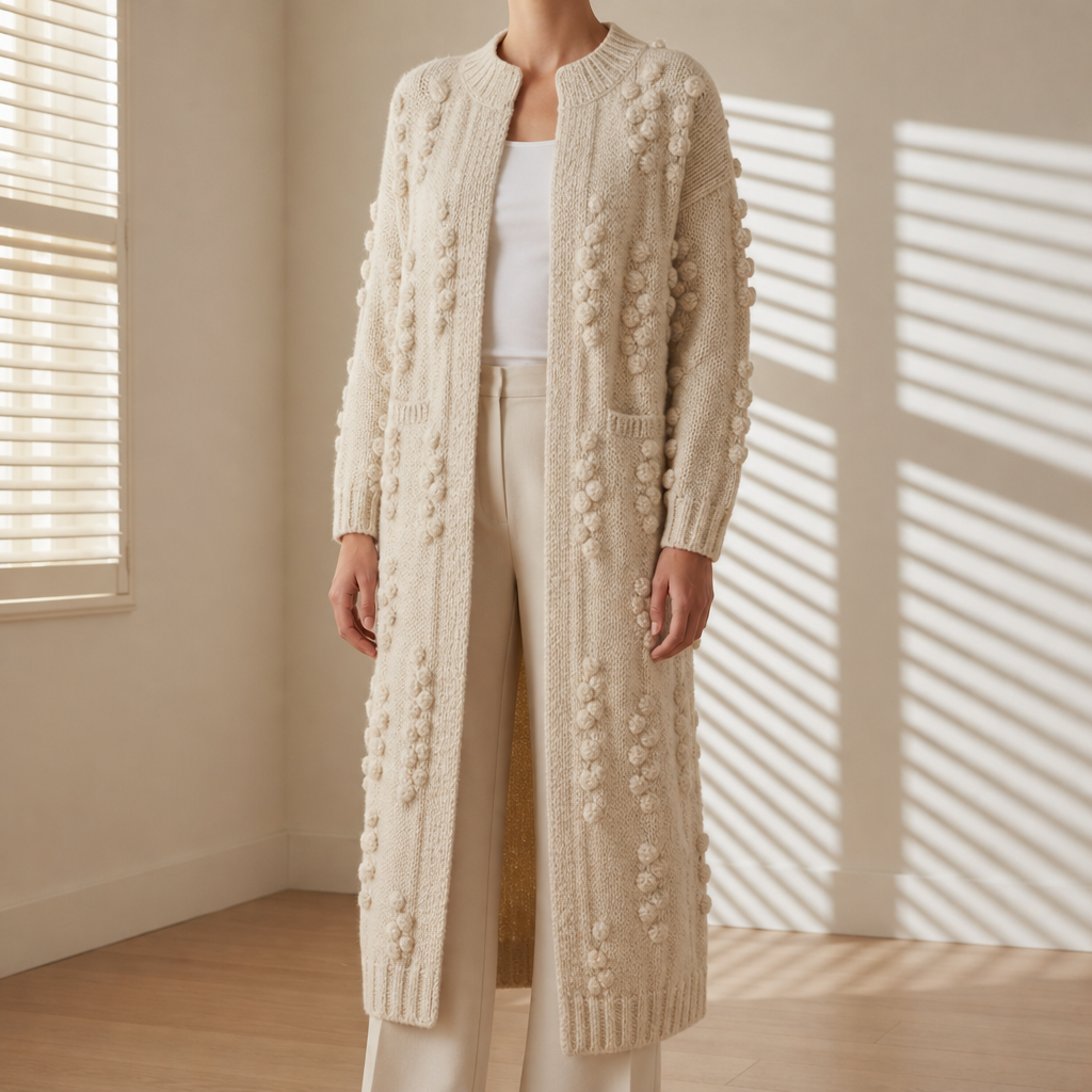 Merano Textured Knit Longline Cardigan in Beige