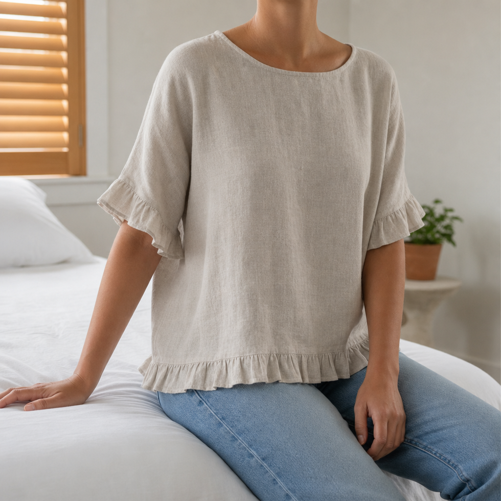 Jerez Ruffle Hem Linen Blouse in Beige