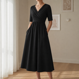 Rapallo Crossover Bodice Midi Dress in Black