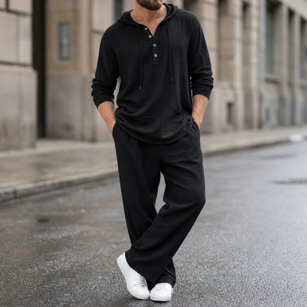 Patmos Hooded Henley Linen Set in Black