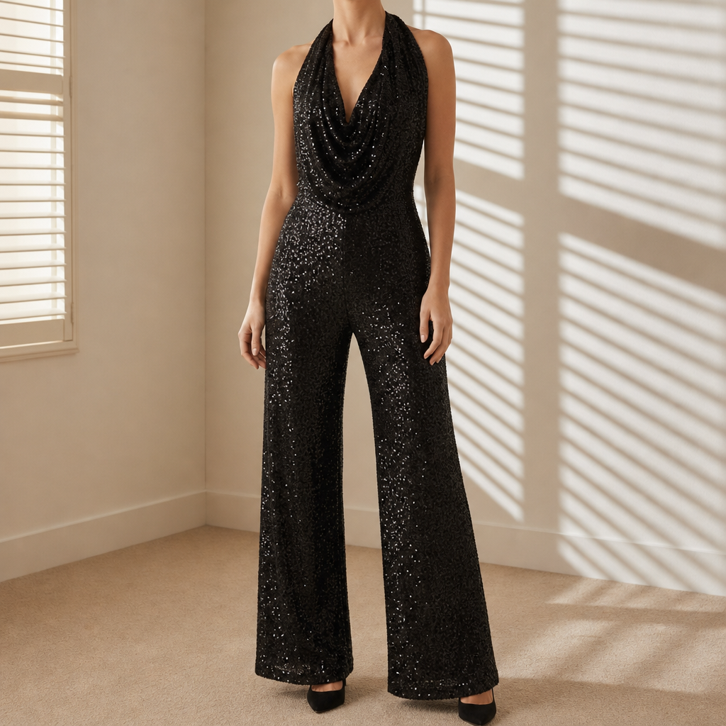 Sorrento Sequin Halter Wide-Leg Jumpsuit in Black