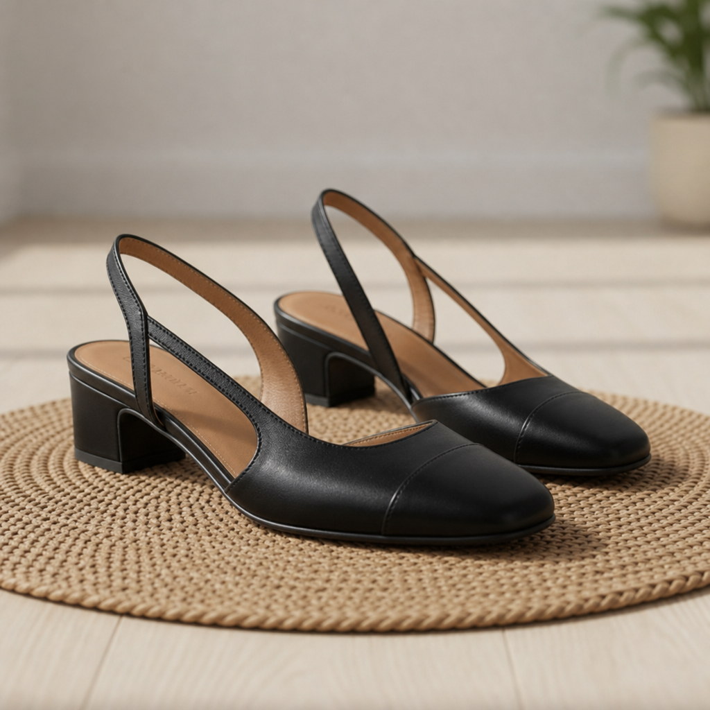 Nimes Leather Slingback Block Heels in Black