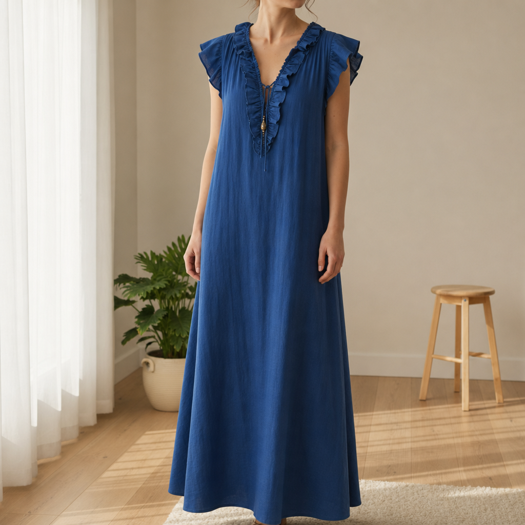 Comporta Ruffle V-Neck Maxi Dress in Blue
