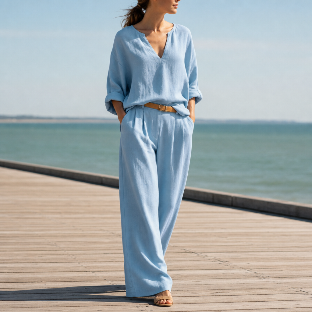 Lerici Linen Wide Leg Set in Powder Blue