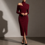 Formentera Ruched Asymmetrical Midi Dress in Burgundy