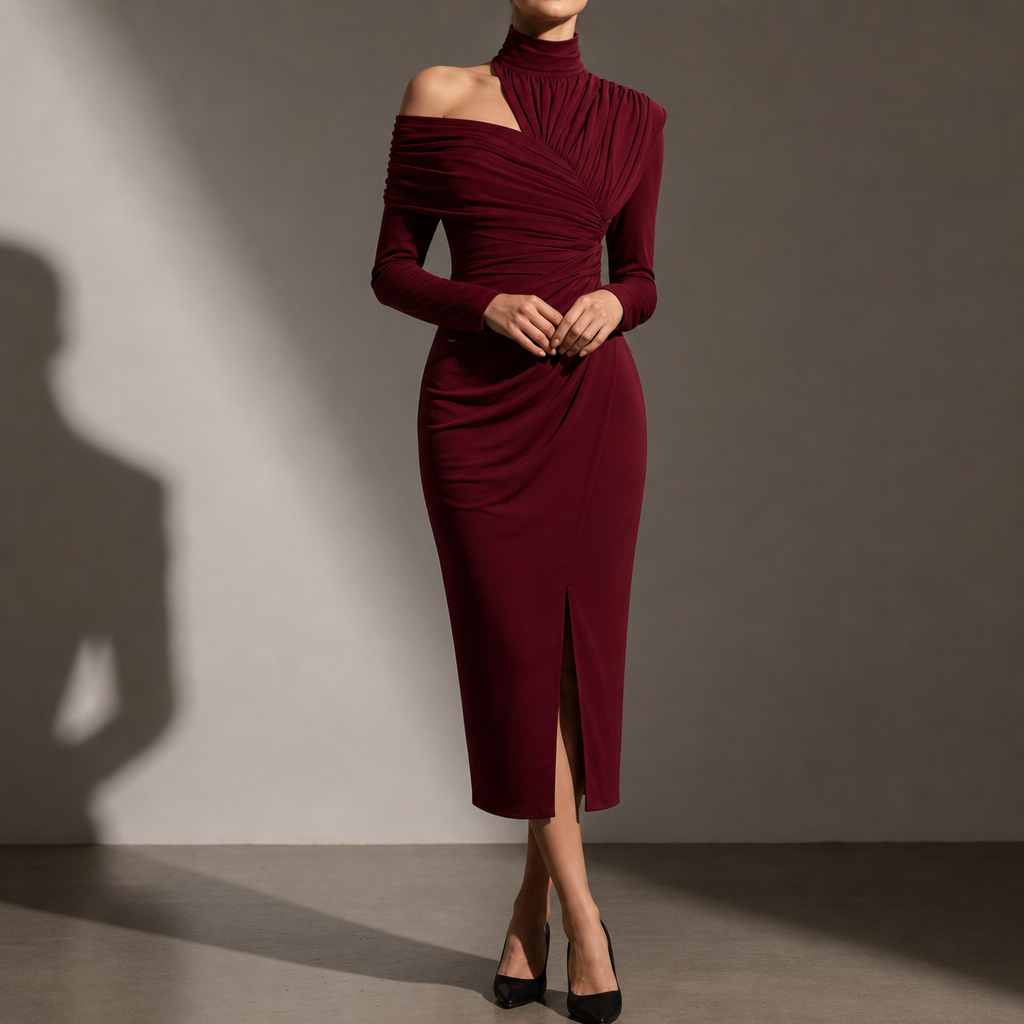 Formentera Ruched Asymmetrical Midi Dress in Burgundy