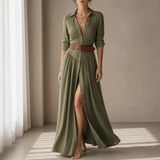 Begur Belted Button-Front Maxi Dress in Olive Green