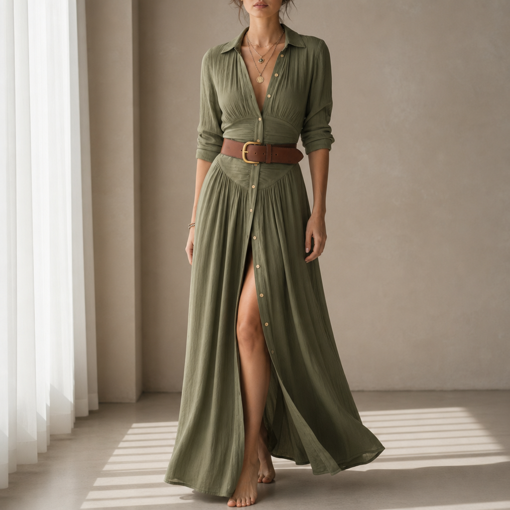 Begur Belted Button-Front Maxi Dress in Olive Green