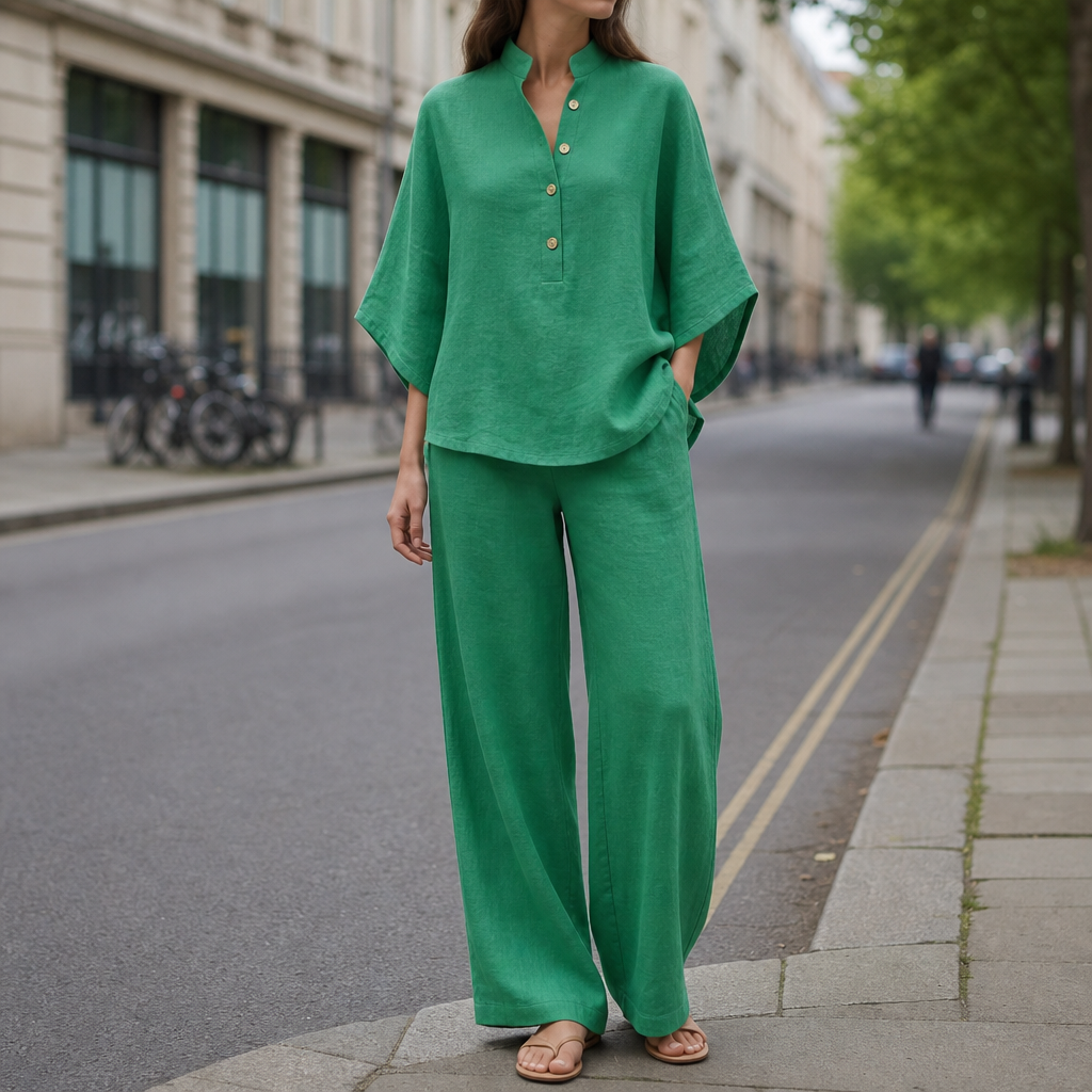 Collioure Linen Kimono Pants Set in Green